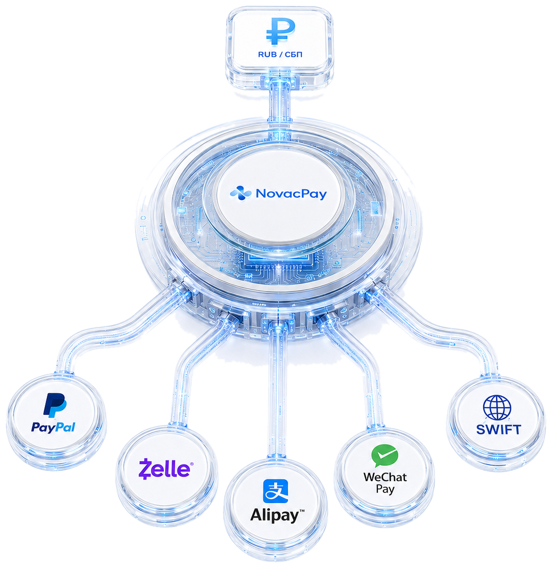 Схема NovacPay: рубли (₽, СБП) через NovacPay уходят в оплату через PayPal, Zelle, Alipay, WeChat Pay и SWIFT